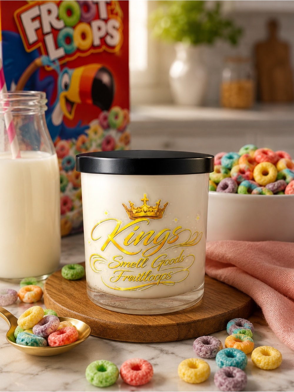 Kings Smell Goods Fruiloops Scented Candle - White with Gold Lettering
